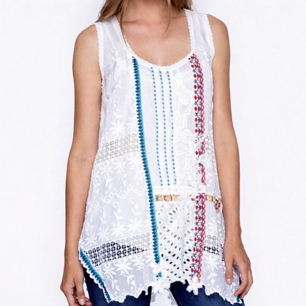 Johnny Was Sleeveless Georgette Embroidered Lace Tunic‎ Top Medium